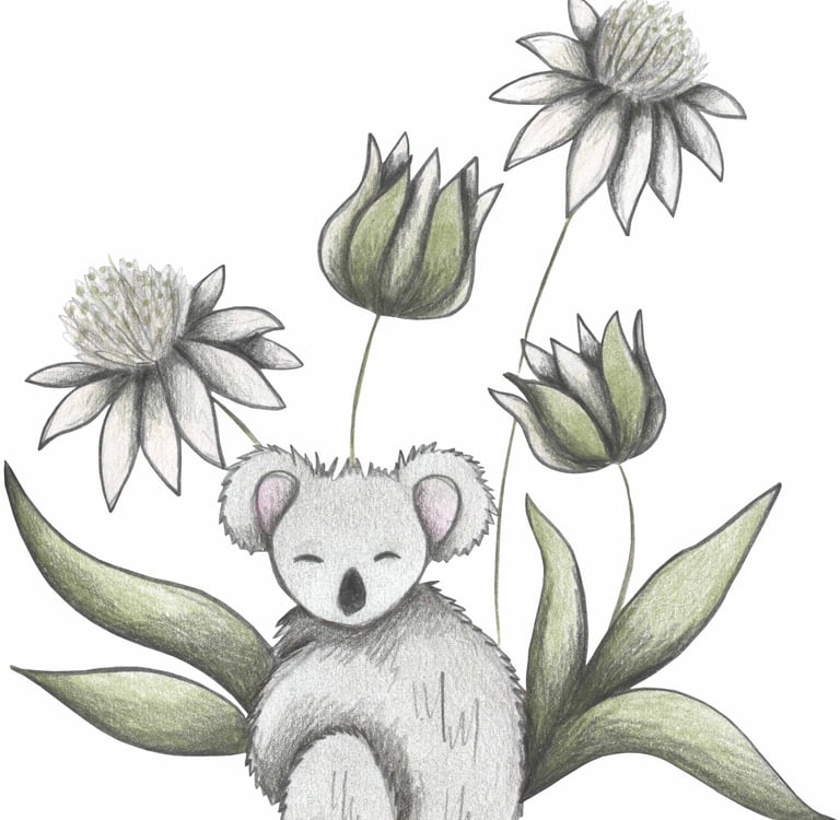 Hand-drawn illustration of a koala surrounded by white and green flowers