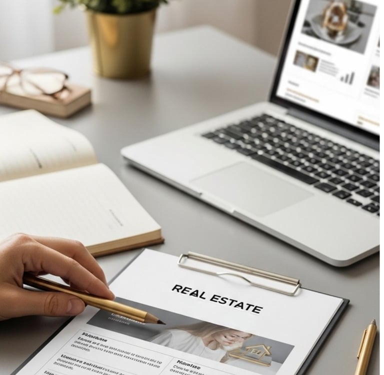 Person reviewing real estate documents on a clipboard beside a laptop and notebook at a desk