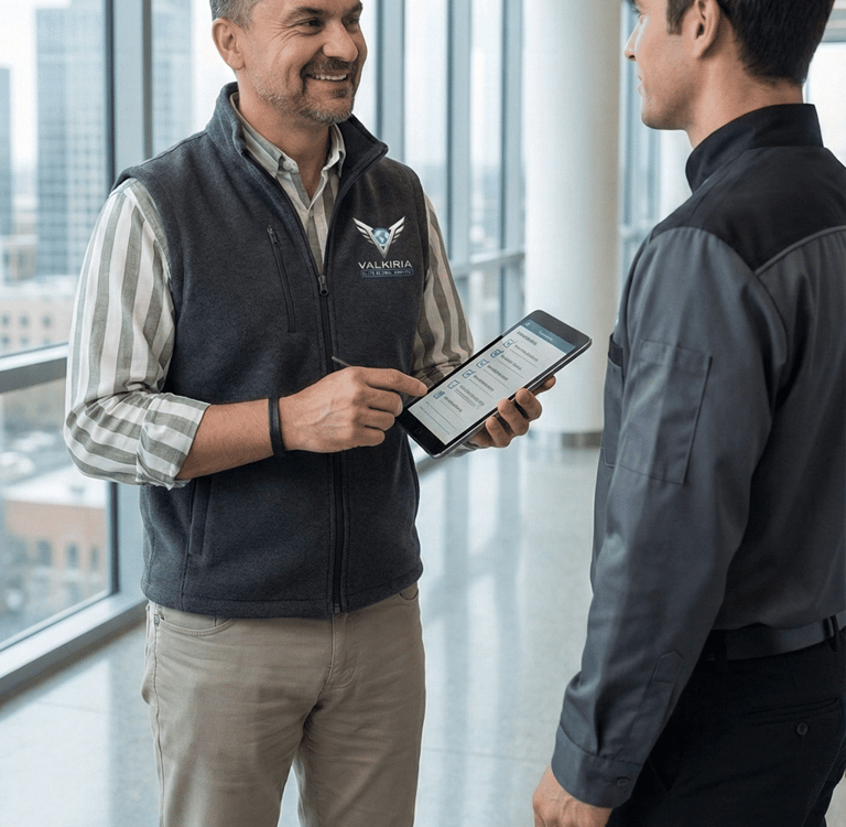 Supervisor de calidad realizando control periódico de servicios de mantenimiento y limpieza - Valkiria elite global service