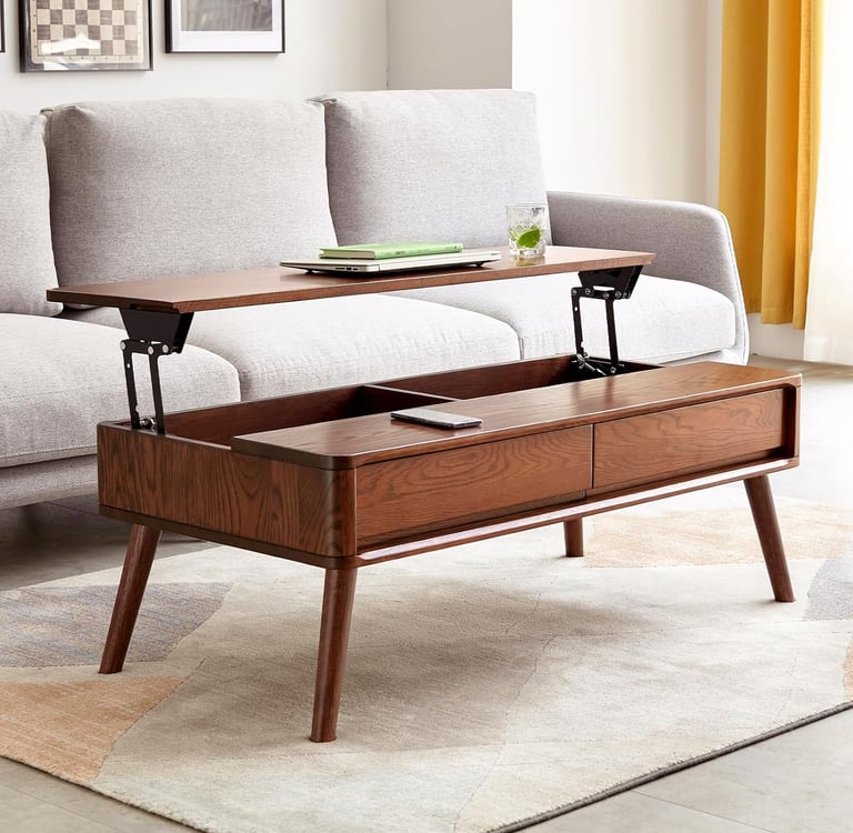 Solid Oak Mid Century Wood Lift Top Coffee Table for Living Room