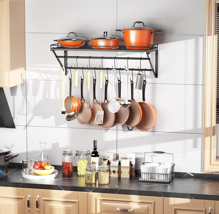 31 Inch Wall Mounted Pot Rack Storage Shelf with 2 Tier Hanging Rails 14 S Hooks included