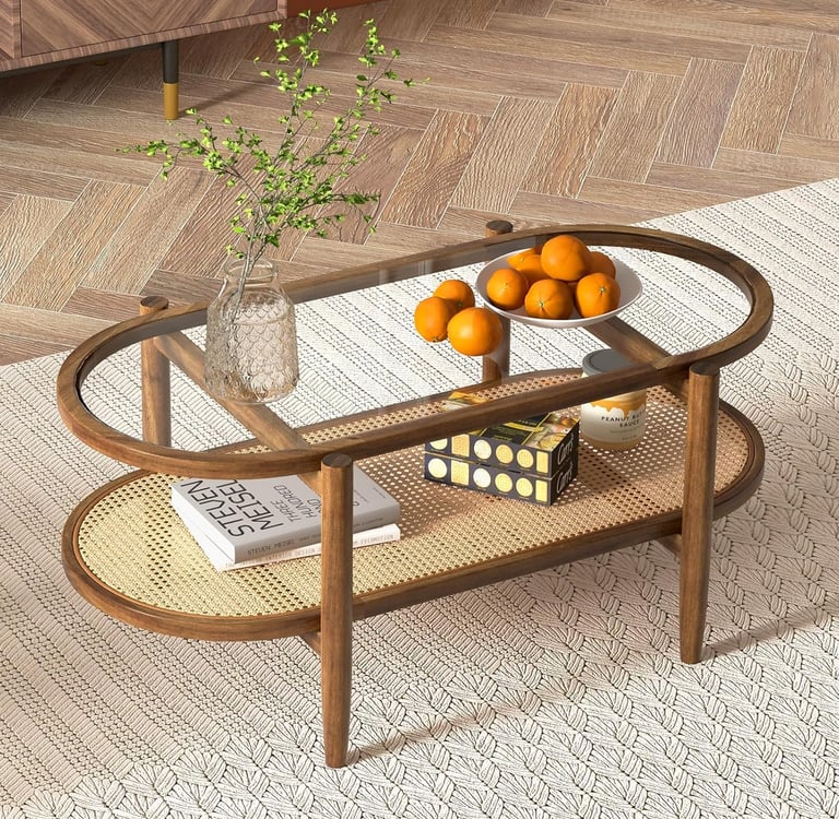 2-Tier Oval Rattan Acacia Wood Tea Table w/Tempered Glass Tabletop & Storage Shelf