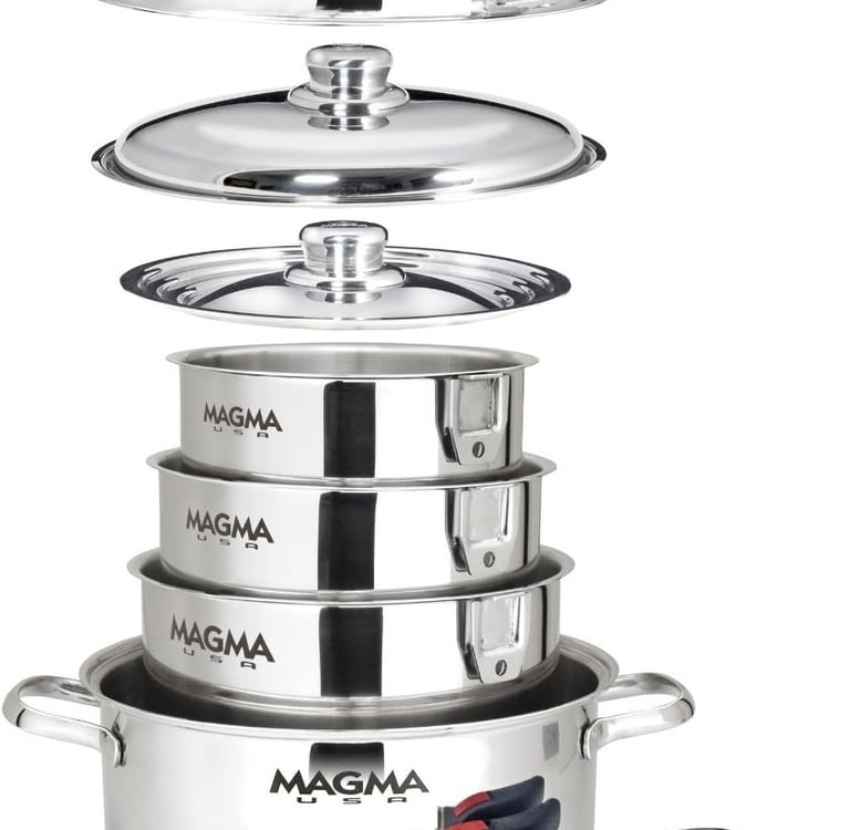 Magma 10 Piece Gourmet Nesting Stainless Steel Cookware Set, Induction Compatible, Oven Safe to 500