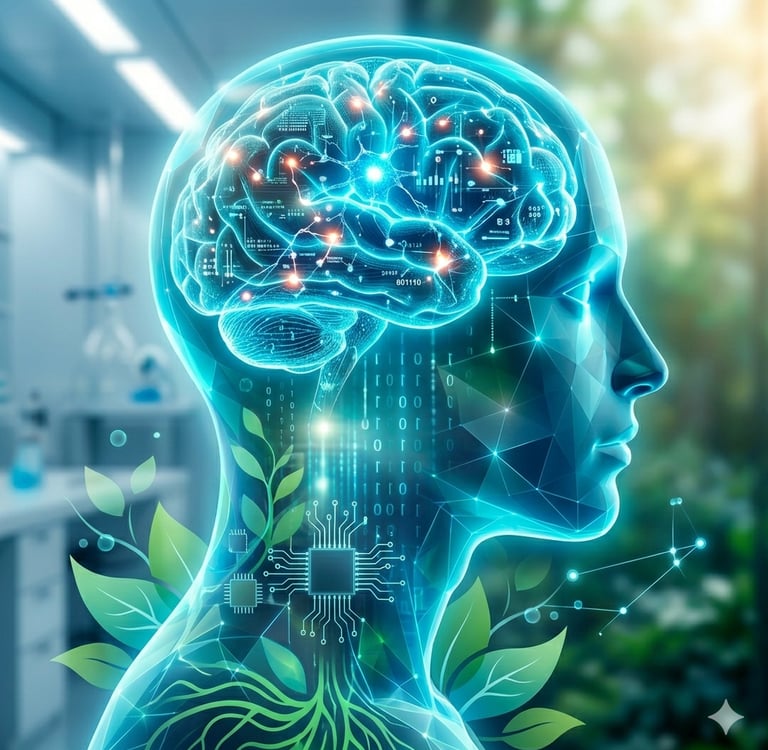 A futuristic human head profile visualized with glowing cyan brain activity and interconnected digit