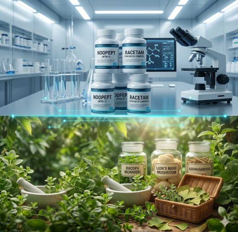 A split composition illustrating natural nootropic herbs like green ginkgo leaves in a wooden basket