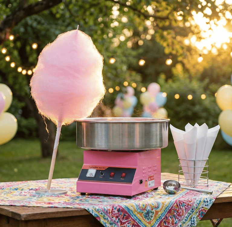 rofesionalus rožinis cukraus vatos aparatas, gaminantis purią vatą vaikų šventėms – Batutynas.lt