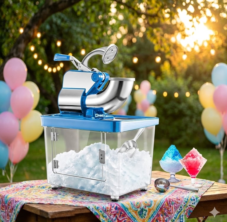 Mėlynas šerbeto aparatas su paruoštais spalvingais ledų desertais šventės atgaivai