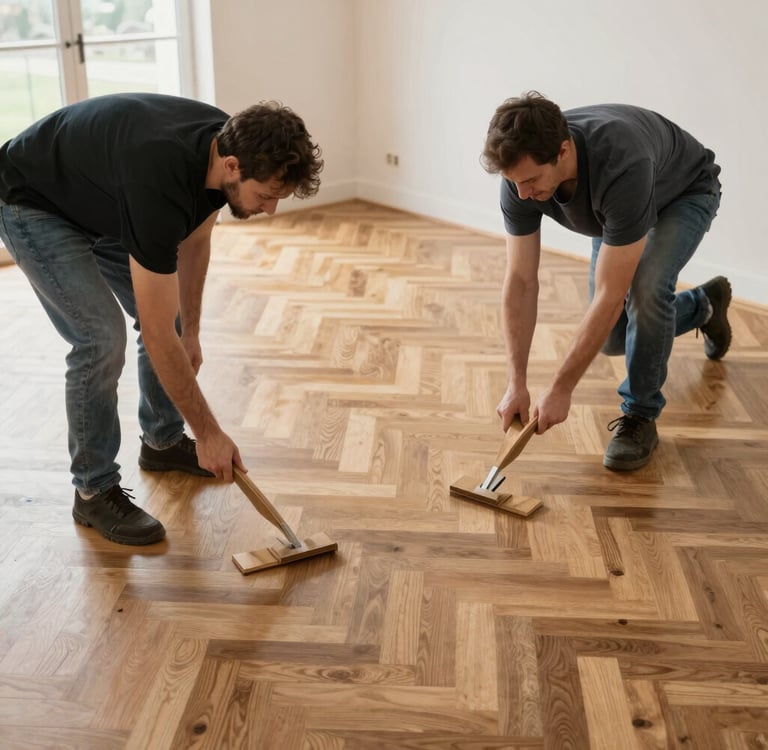 A happy customer shaking hands with a handyman after a successful renovation.
