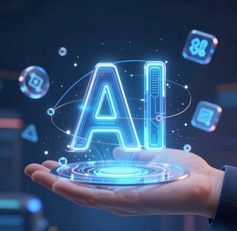 robot and human hands reaching toward ai text
