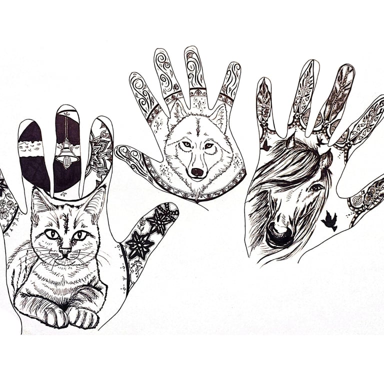 Gepersonaliseerde handomtrek tekening met kat, wolf, paard