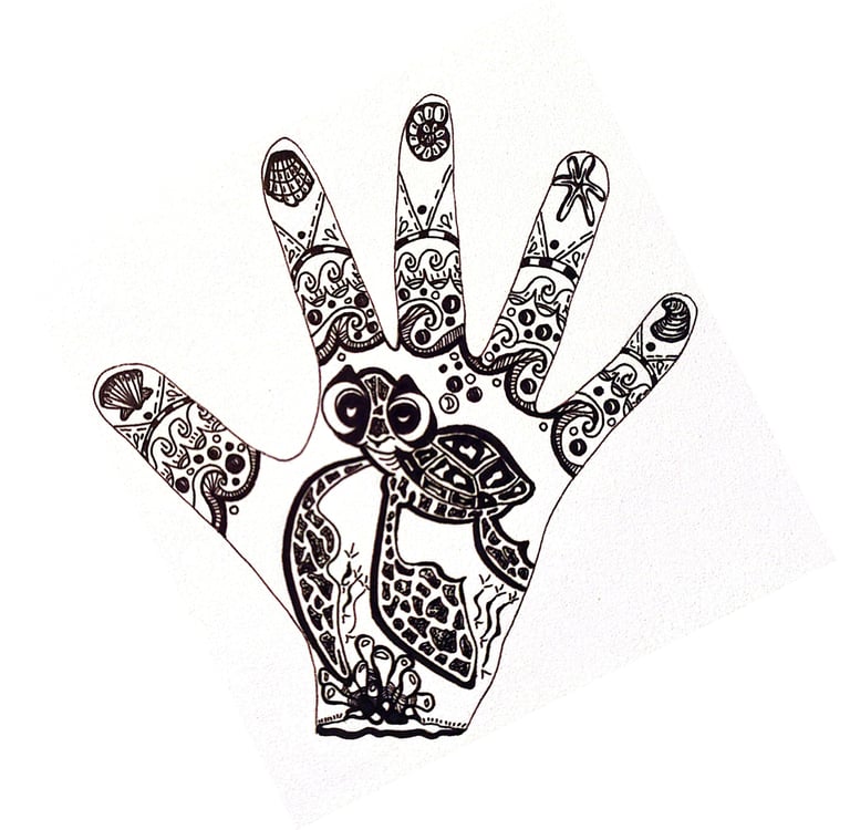 Gepersonaliseerde handomtrek kind tekening met schildpad