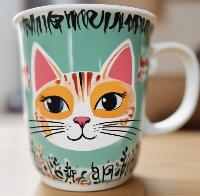 A close-up of a coffee cup decorated with a playful, hand-drawn style decal of a smiling sun.