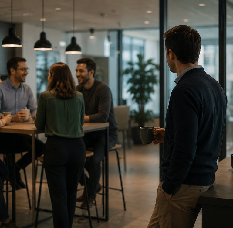 Manager observant son ancienne équipe lors d’une pause café en entreprise