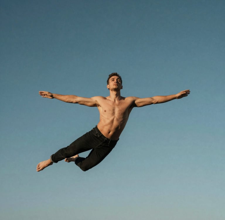 A shirtless male dancer in black jeans performing a mid-air jump with arms outstretched against a blue sky.