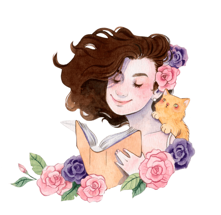 Watercolor illustration of a woman reading a book with a ginger cat and roses.