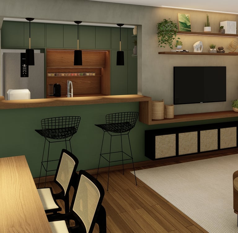 Projeto de Arquitetura e design de interiores para sala de estar com tons de verde