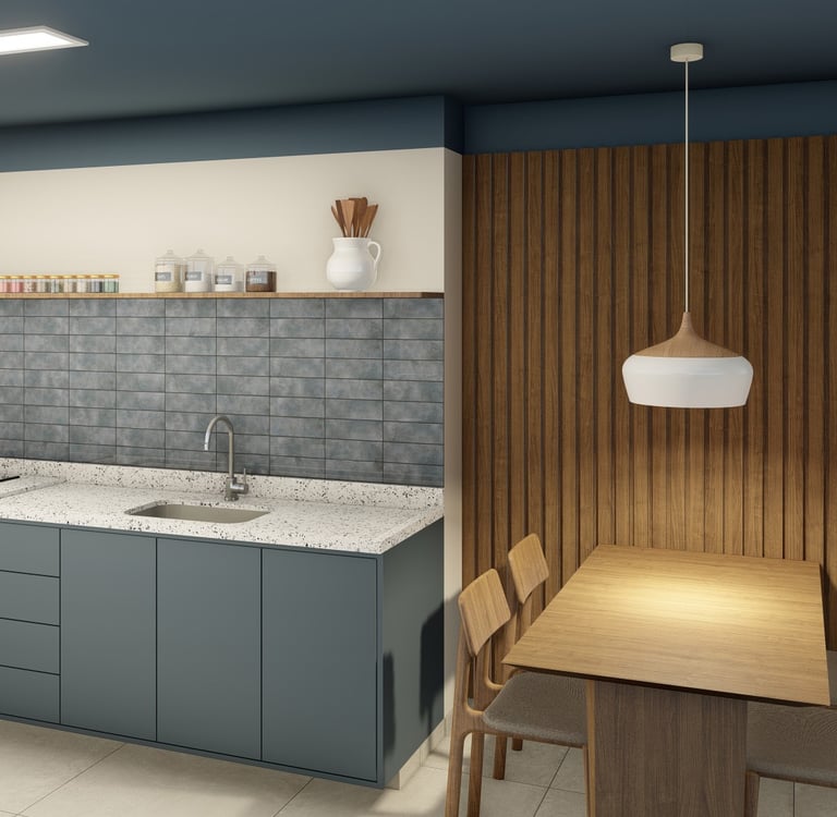 Projeto de reforma para uma cozinha com tons de azul e acabamentos em madeira.