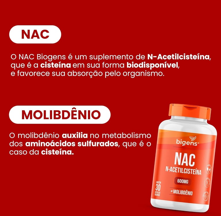 Suplemento NAC N-Acetilcisteína 600mg com Molibdênio Biogens em frasco sobre fundo vermelho.