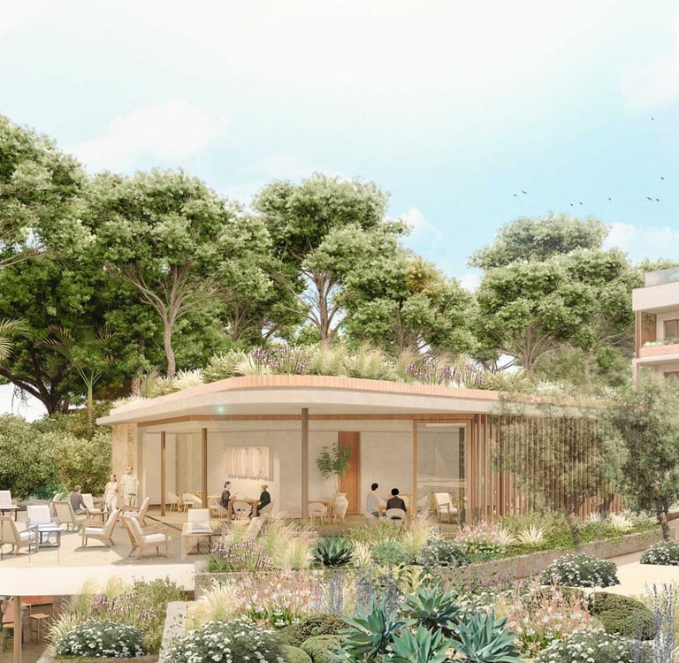 Modern sustainable resort villa with a green roof garden and luxury outdoor terrace seating.