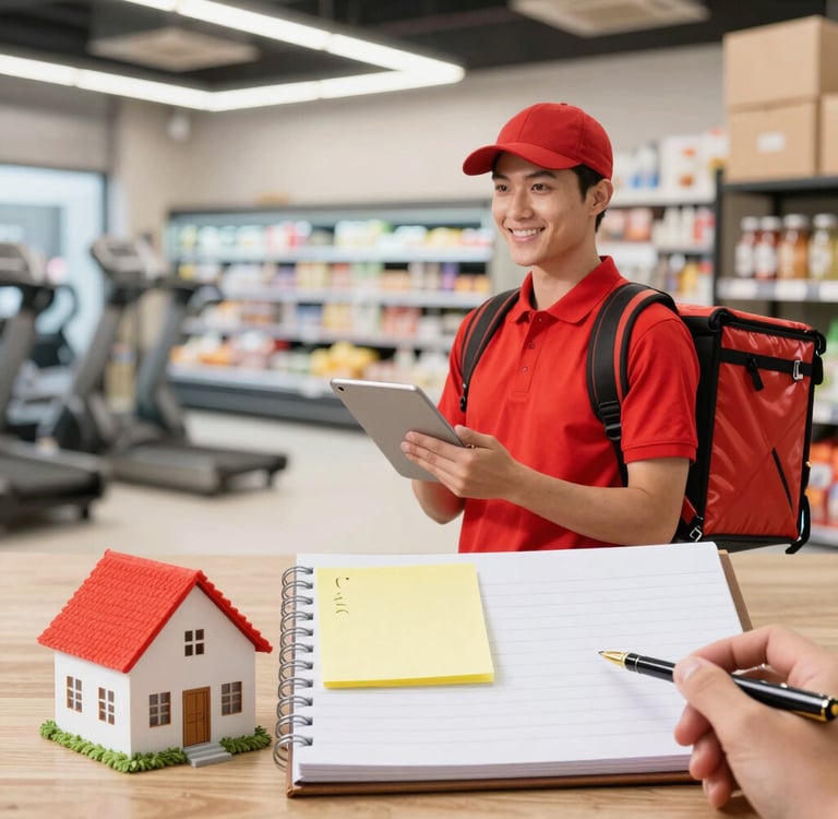 A cozy workspace with a laptop, notebook, and a cup of coffee, bathed in natural light.