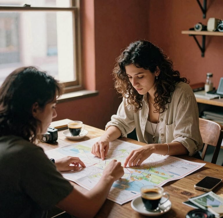 Dos personas planificando una ruta de viaje en un mapa de papel mientras están sentadas en la mesa de una cafetería con café.