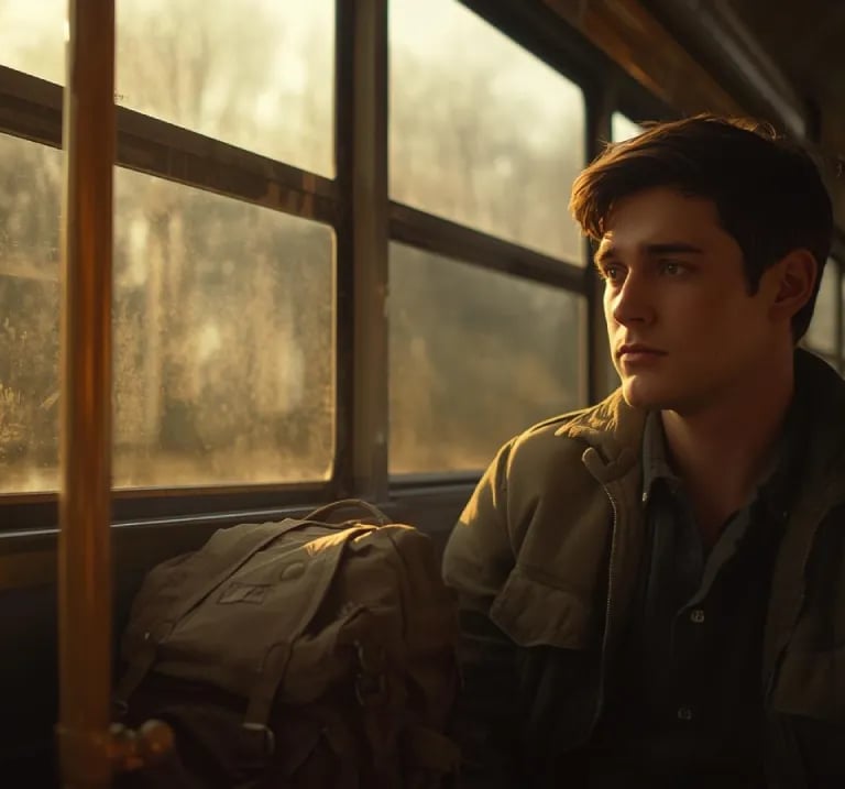 Young boy travelling by a bus alone representing a bold heart.