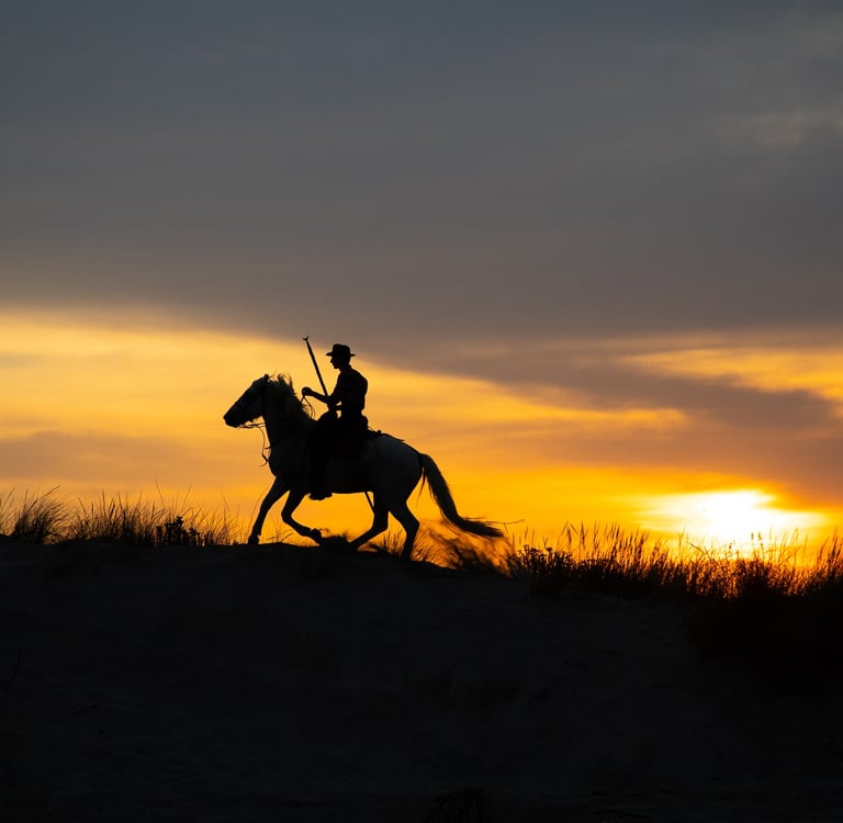 Silhouette of a cowboy on horseback galloping across a sandy dune at sunset, a dramatic Western landscape.