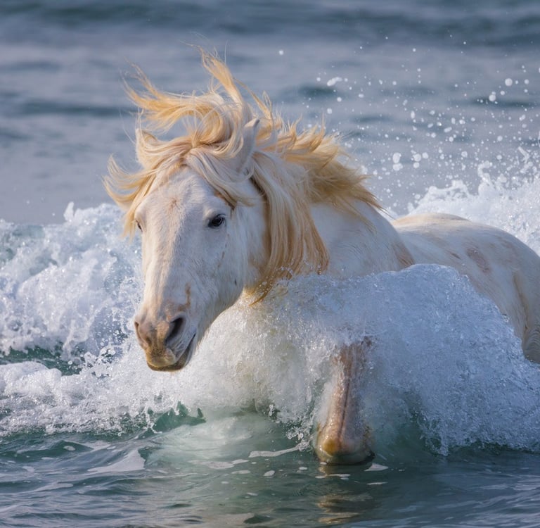 White Camargue horse galloping through ocean waves with splashing water and mane blowing in the wind.