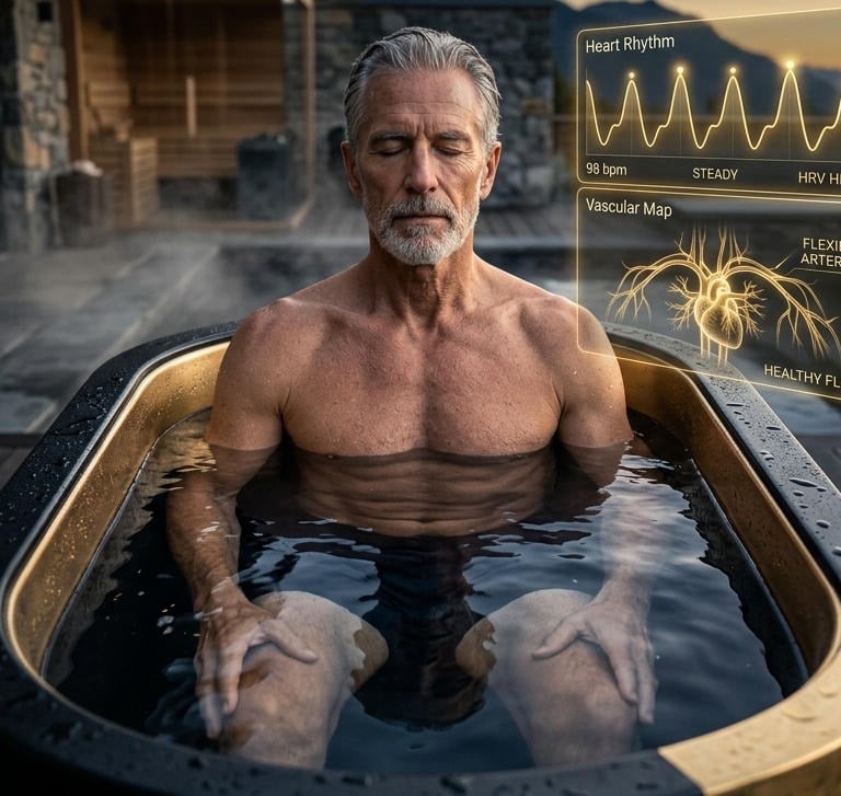 Elder man doing a cold bath