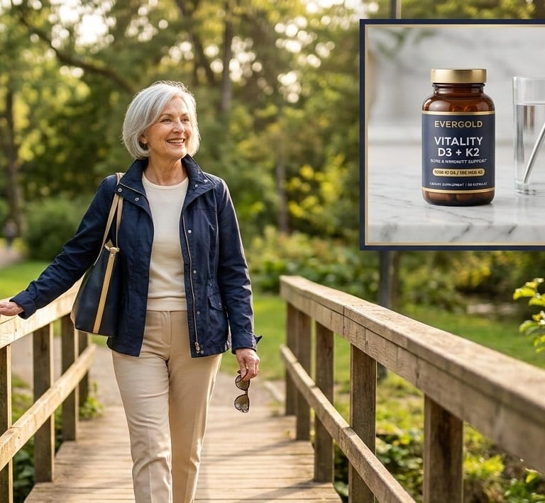 Woman walking and an image of a D3 + K2 vitami vial