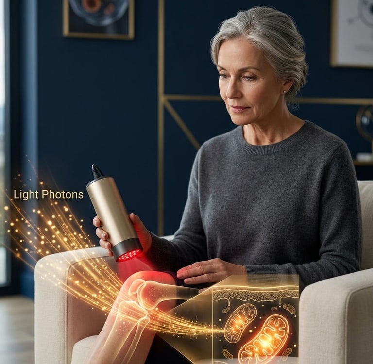 Elder woman using red light therapy on her joint