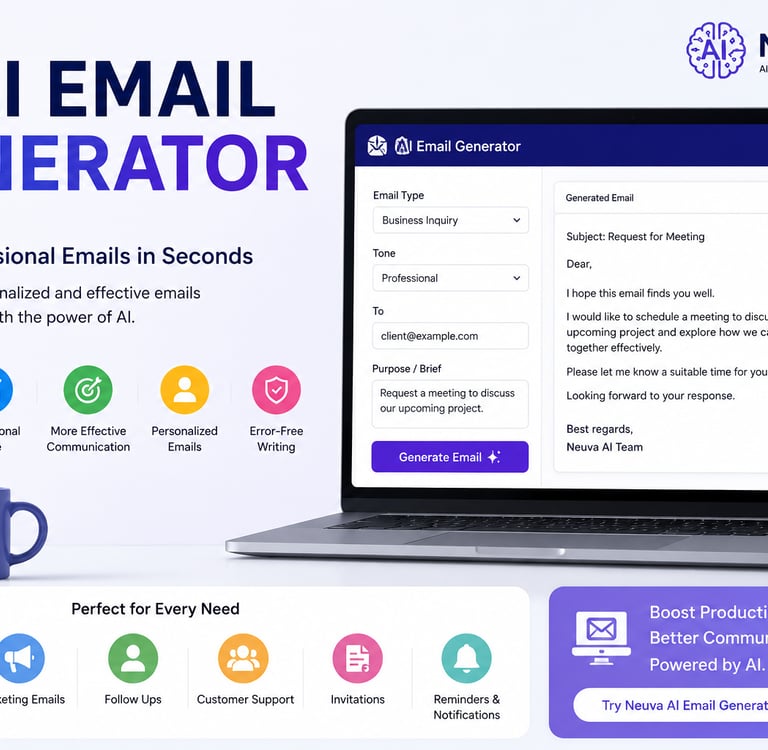 Neuva AI email generator interface on a laptop showing professional business email creation tools.
