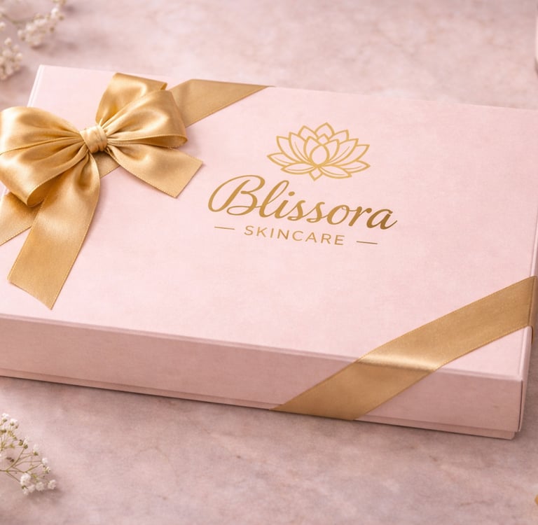 Blissora Skincare pink gift box with a gold silk bow and festive holiday decorations.