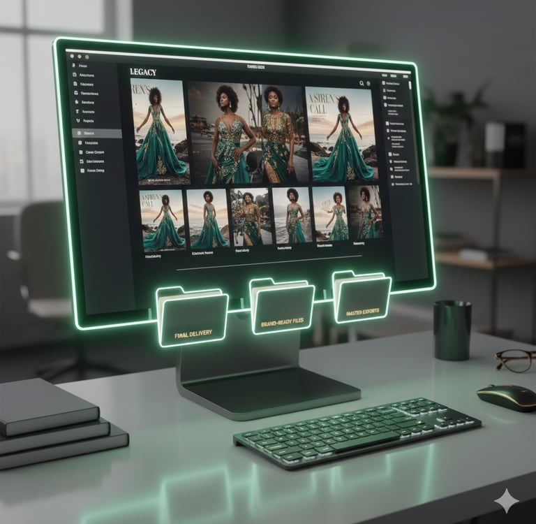 Digital asset management software on a neon-lit monitor displaying fashion photography portfolio files.