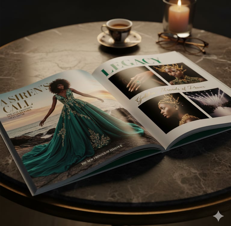Open fashion magazine on a marble table featuring a model in a luxury emerald green gown with gold embroidery.