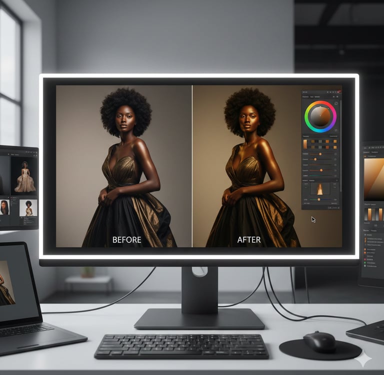 Professional photo editing workflow showing before and after color grading on a high-end monitor.