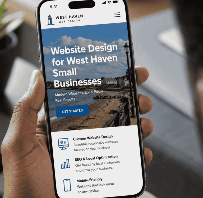 Mobile phone with a website that reads Website Design for West Haven Small Businesses