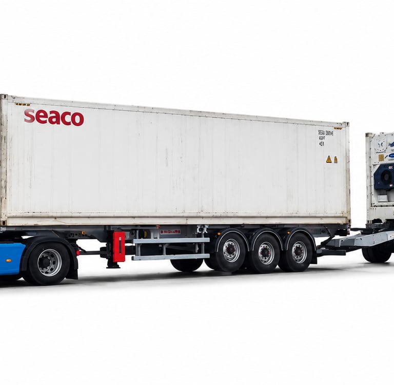 A white semi-truck pulling a long double trailer with Seaco and Cronos refrigerated shipping containers.