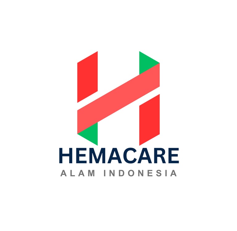 Official Hemacare Alam Indonesia logo featuring a red and green geometric H icon on a white background.