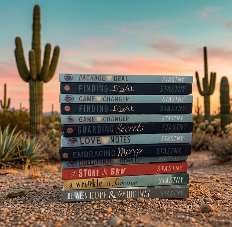 book spines of Charissa Stastny with saguaro desert background