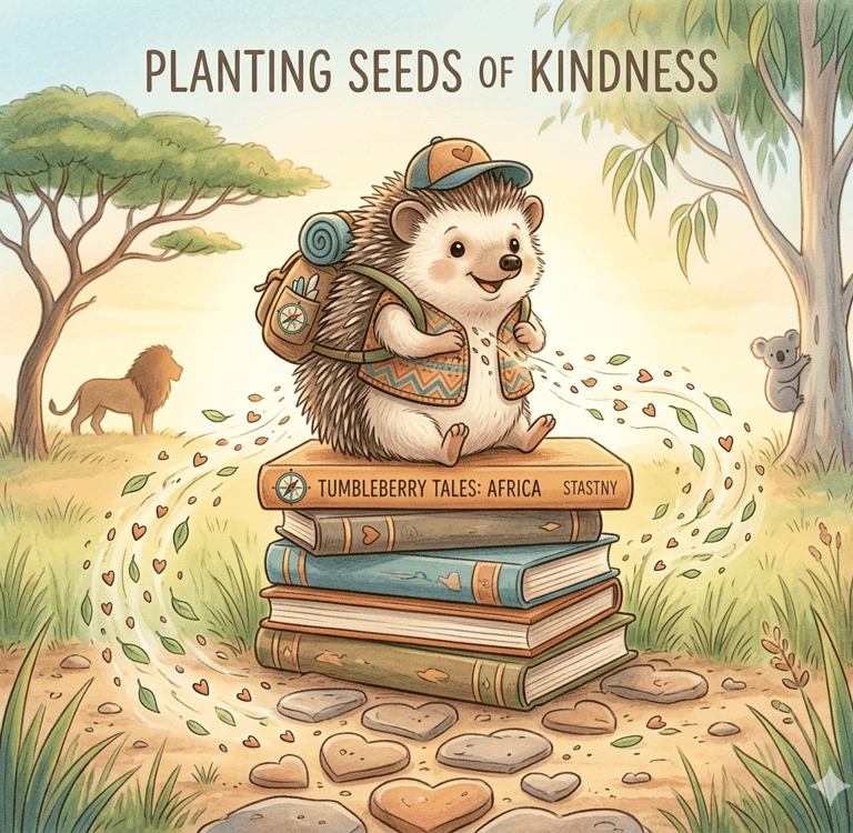 Tumbleberry Hedgehog sitting on books in African savanna setting