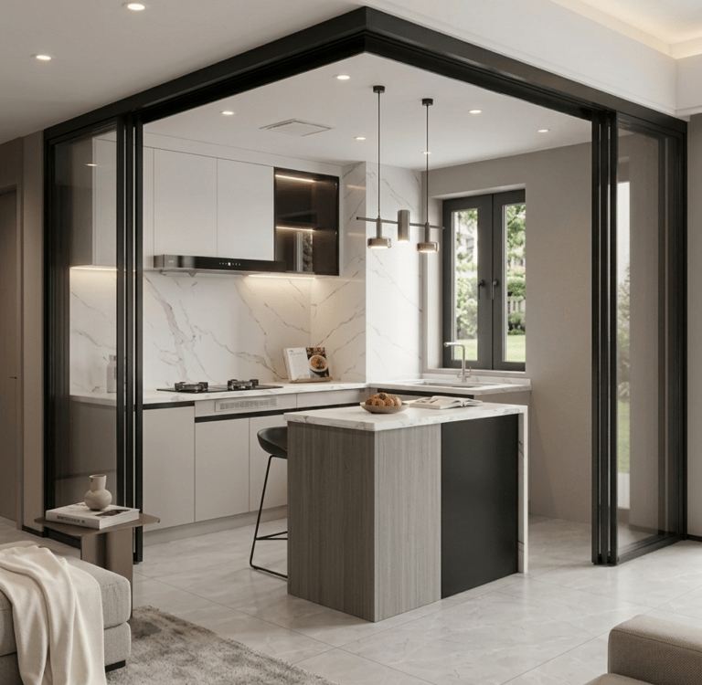 Black glass sliding Open-Flow Kitchen Partition,Contain Fumes, Expand Horizons