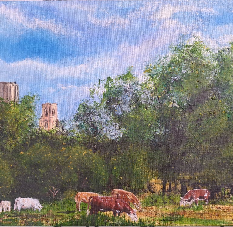 Acrylic on canvas board Landscape painting of Wymondham Abbey with cows