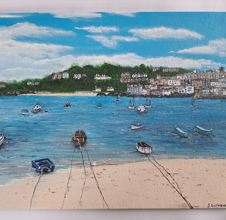 Acrylic on canvas board landscape painting of St Ives Harbor in Cornwall