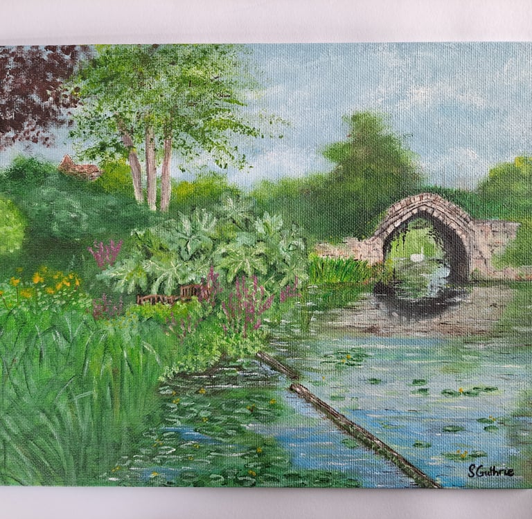 Acrylic on canvas board landscape painting of the River Avon at Warwick Castle