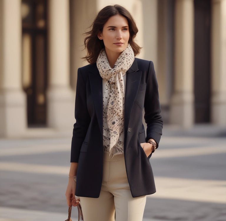 A poised woman in a tailored neutral blazer, standing confidently in an elegant airport lounge bathed in warm golden light.