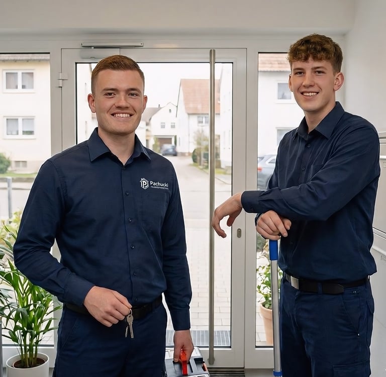 Zwei lächelnde Männer vom Pachucki Hausmeisterservice stehen in Arbeitskleidung im Eingangsbereich eines Gebäudes