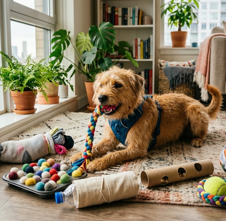Um cachorro com um dos seus brinquedos caseiros .