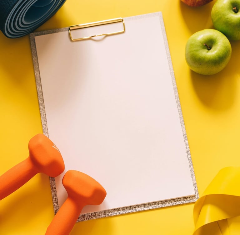 Bright flat‑lay wellness scene with a blue yoga mat, orange dumbbells, apples, a yellow resistance band,, yellow background
