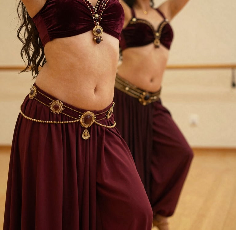 Dos bailarinas de danza del vientre actúan en un estudio vistiendo tops de terciopelo color burdeos 